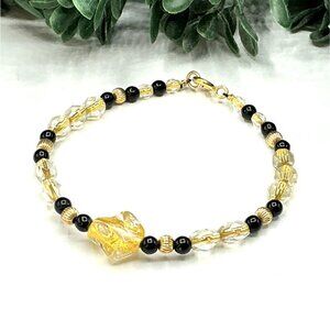 Bracelet With Yellow and Black Glass Bead Gold Tone